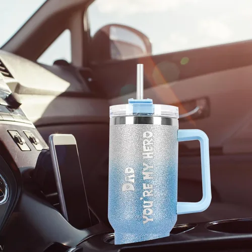 Vista 6 de Vaso personalizado con asa personalizado de 40 onzas grabado con nombre de flor de nacimiento con tapa y pajita, taza de café de viaje de acero
