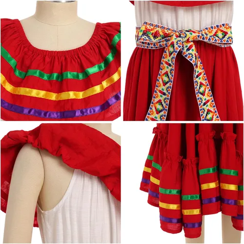 Vista 2 de IBTOM CASTLE Vestido mexicano para niñas, vestido folklórico tradicional con cinturón Rojo