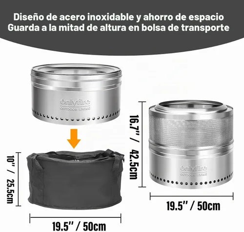 Vista 3 de Fogata de leña con bolsa de transporte, hoguera portátil desmontable de 19.5" para camping, tailgating, patio, patio trasero, chimenea perforada sin
