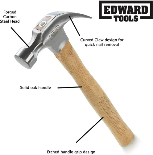 Vista 2 de Edward Tools Martillo de garra de roble de 16 onzas (paquete de 6) – Martillo multiusos resistente – Cabeza de acero al carbono forjado – Mango