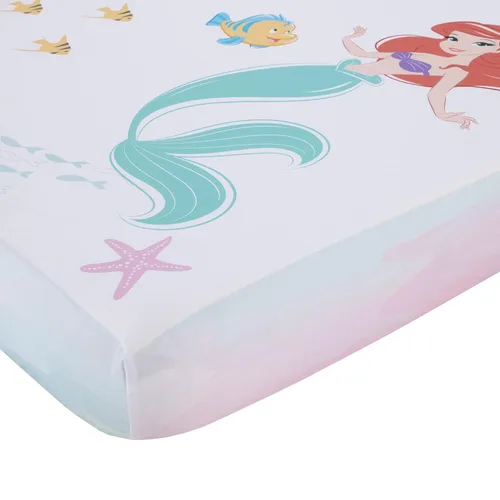 Vista 2 de Disney Ariel Watercolor Wishes Aqua, Pink and White Never Stop Exploring - Sábana bajera ajustable para cuna (100% algodón)