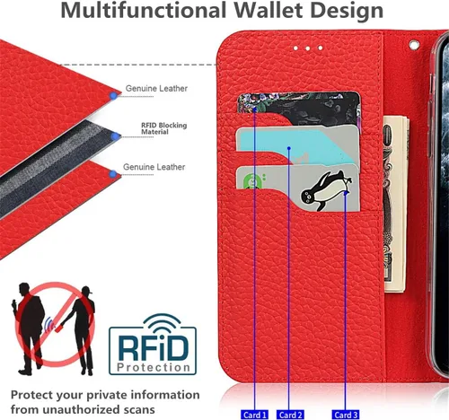 Vista 3 de iCoverCase Compatible con iPhone 13 Pro Max, funda magnética de piel auténtica con bloqueo RFID, correa para la muñeca y ranuras para tarjetas, Rojo