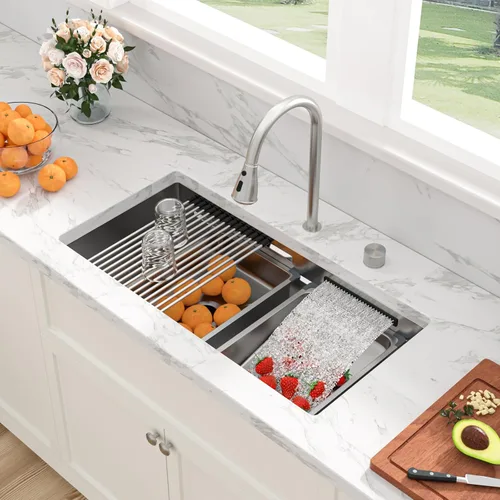 Vista 29 de Sarlai Fregadero de cocina empotrado de 30 pulgadas dorado - Fregadero de cocina de 76,2 cm x 45,7 cm con repisa para estación de trabajo de acero