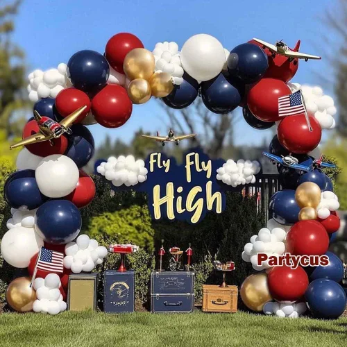 Vista 2 de Arco de globos rojo, blanco y azul, doble relleno, kit de guirnalda de globos de látex dorado con látex dorado para cumpleaños, 4 de julio, Día