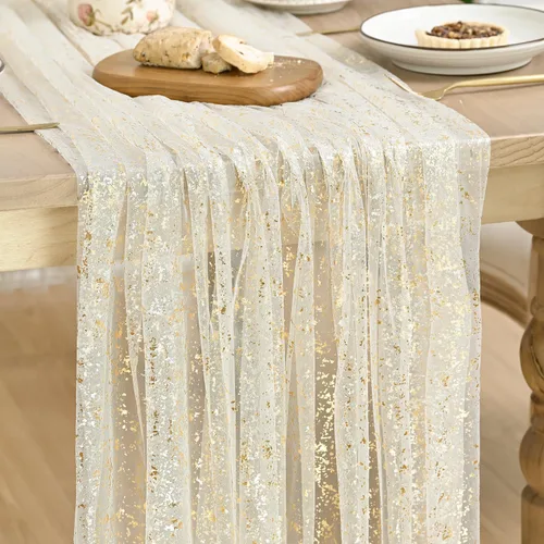 Vista 21 de Artoid Mode Camino de mesa de gasa color beige dorado de 120 pulgadas, 10 pies, lámina metálica con purpurina transparente para comedor, boda