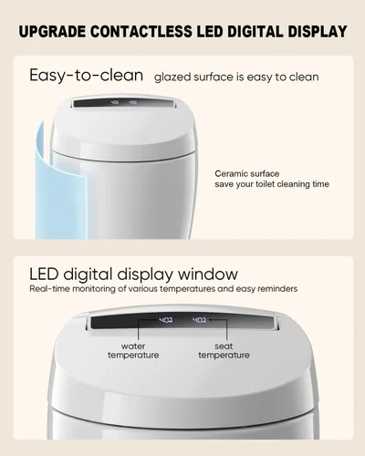 Vista 3 de Inodoro inteligente con bidé integrado con rociador de agua caliente y secadora, funcionamiento del sensor de pie, asiento calefactado con pantalla