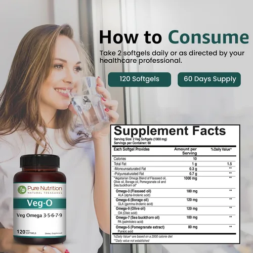 Vista 5 de Pure Nutrition Vegano Omega 3-5-6-7-9 120 cápsulas blandas 600 mg por porción de 2 cápsulas blandas Suplemento multiOmega para la salud