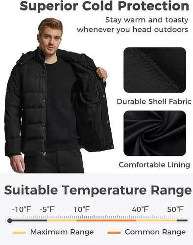 Vista 4 de Wantdo Abrigo de invierno con capucha para hombre, abrigo de algodón grueso con capucha extraíble