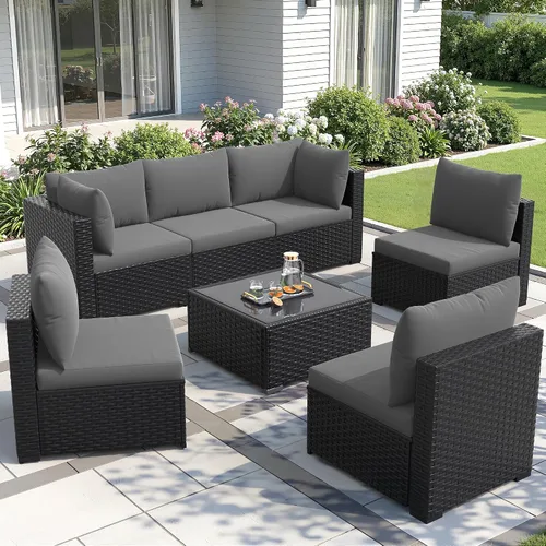 Vista 10 de Amopatio Juego de muebles de patio de 7 piezas, seccionales para exteriores, beige Negro/Beige