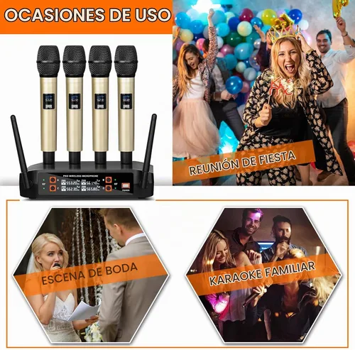 Vista 8 de Depusheng Micrófono inalámbrico DX4 con 4 micrófonos dinámicos UHF profesionales, sistema de micrófono de mano inalámbrico para karaoke, canto