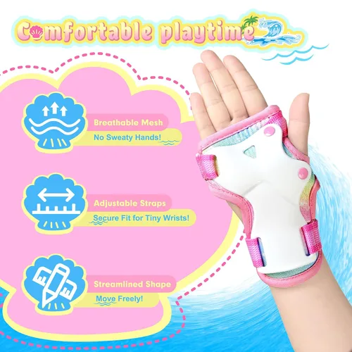 Vista 3 de NEMONE Rodilleras para niños, coderas, coderas, muñequeras con bolsa de cordón, juego de equipo de protección reflectante ajustable para patinetes