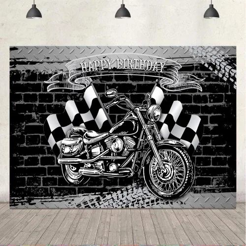 Vista 4 de Ticuenicoa Telón de fondo de fiesta de cumpleaños de motocicleta para fotografía, bandera negra y blanca, fondo de pared de ladrillo para hombres
