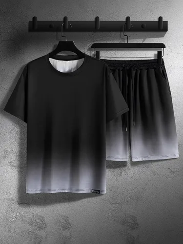 Vista 6 de OYOANGLE Conjunto de 2 piezas de camiseta de manga corta para hombre grande y alto y pantalones cortos con cordón en la cintura con bolsillo