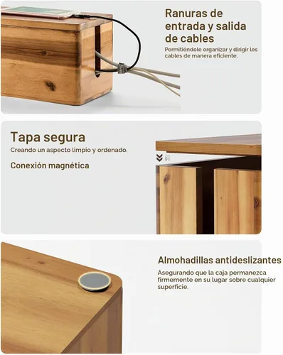 Vista 3 de Caja de gestión de cables de madera de acacia TIDITA con borde redondo - Caja organizadora de cables de madera de 40.6 cm de largo para ocultar