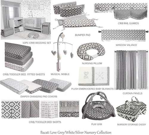 Vista 7 de Bacati - Falda Love para cuna de percal 100% algodón (diamantes, gris)