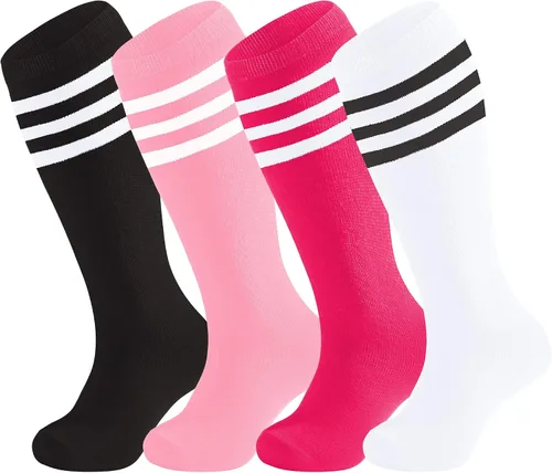Vista 2 de UTTPLL 4 pares de calcetines de fútbol para niños y niñas, calcetines deportivos de béisbol, uniforme a rayas, hasta la rodilla, calcetines largos