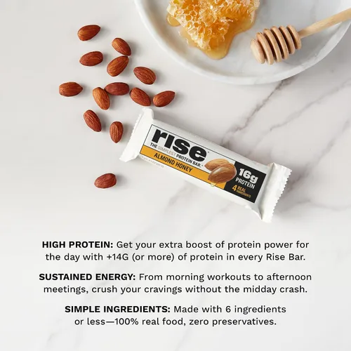 Vista 5 de Rise Barras de proteína de suero para el desayuno con miel de almendra, 18g de proteína, 2.01 oz (paquete de 12)