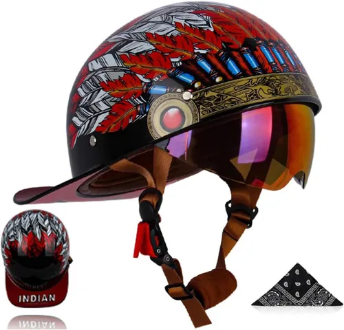 Vista 6 de Medio casco para motocicleta, gorra de béisbol retro, medios cascos con lente desplegable para adultos de calle, para hombres y mujeres
