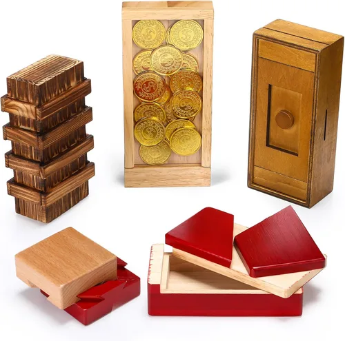 Vista 10 de Hanaive Paquete de 5 Cajas de Rompecabezas de Navidad, Caja de Regalo de Madera con Dinero Secreto, Rompecabezas Oculto con Compartimentos