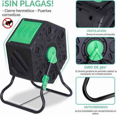 Vista 6 de Nouva Contenedor de compostaje para exteriores, 18.5 galones de una sola cámara, pequeño compostador giratorio, marco de acero, barril resistente