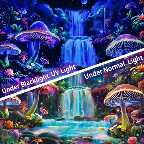 Vista 5 de Dermijer Tapiz de luz negra, tapiz de fantasía, bosque de hongos, tapices reactivos a los rayos UV, tapices de cascada, luna, noche, neón, flores