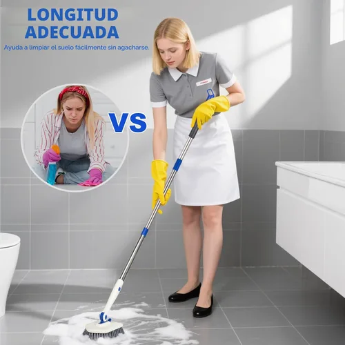 Vista 7 de Cepillo de limpieza para azulejos y tina con mango largo ajustable de 52 pulgadas, cepillo de ducha giratorio 3 en 1 para limpieza, 3 cabezales
