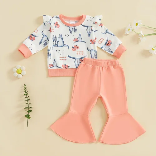 Vista 10 de Kaipiclos Ropa occidental para bebé niña, con lindo estampado con volantes, manga larga, pantalones para otoño e invierno, trajes de vaquera