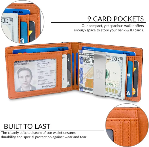 Vista 2 de TRAVANDO - Cartera delgada para hombres con clip de dinero y bloqueador de lector RFID Seattle mini de plegado doble