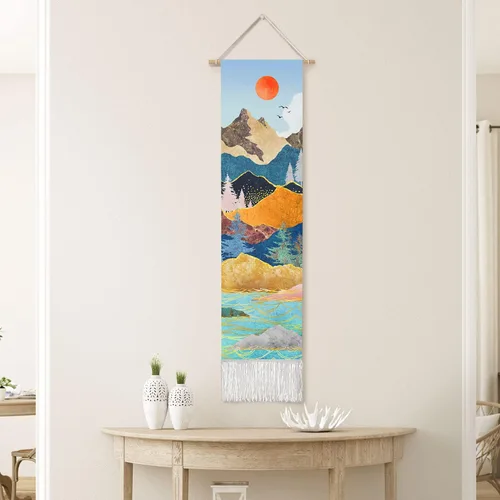 Vista 4 de RosieLily Tapiz de arte de pared, tapiz de naturaleza de montaña azul, 13 pulgadas de ancho x 51 pulgadas de alto, para decoración de pared