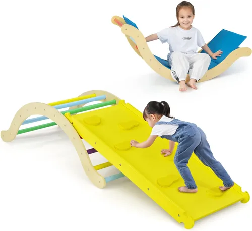 Vista 14 de HONEY JOY Escaladora triangular con rampa, escalera triangular para niños para guardería, gimnasio y parque infantil, juguetes de escalada Colorido