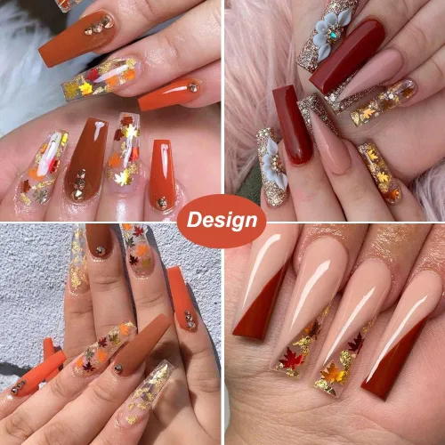Vista 4 de Juego de manicura con diseño de hojas de arce, con purpurina, holográfica, para otoño, con lentejuelas, para otoño, Acción de Gracias, decoración