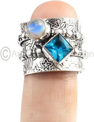 Vista 2 de ArtisanJewelrydesign Blue Topaz Spinner Ring, 925 Silver Ring, Moonstone Ring For Women, Handmade Ring, Fidget Ring, Narrow Band Ring, Spinner Ring