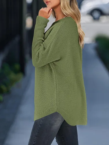 Vista 3 de FERBIA Suéteres de punto de gran tamaño con cuello redondo para mujer, estilo casual, manga larga, hombros caídos, holgados