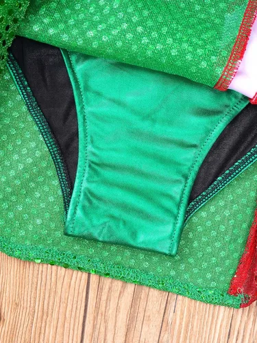 Vista 7 de JEATHA Vestido de leotardo de lentejuelas metálicas brillantes para niños y niñas, diseño de bloques de color a rayas, con lazo