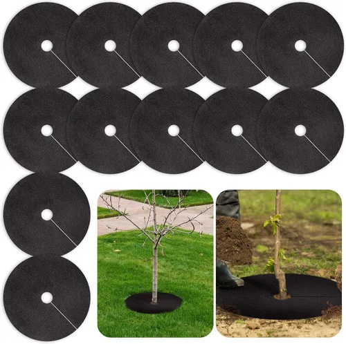Vista 10 de Anillo de mantillo de árbol no tejido de 32.5 pulgadas, paquete de 2 alfombrillas de barrera de malezas, mantillo degradable de árboles utilizado