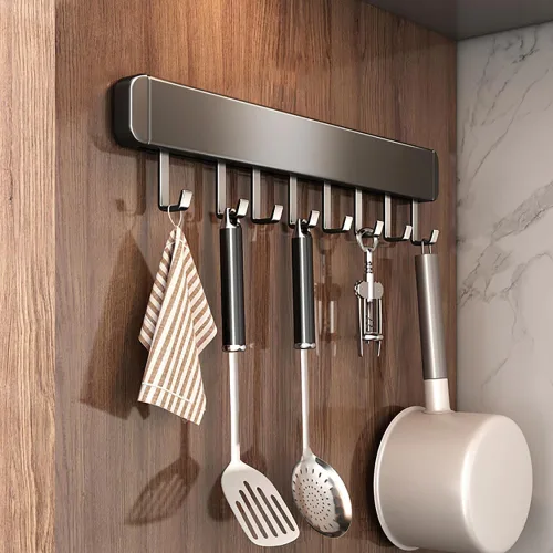 Vista 6 de Soporte para utensilios de cocina, ganchos de cocina, estantes para colgar utensilios de pared, autoadhesivo, debajo del gabinete, organizador