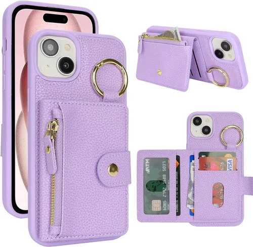 Vista 45 de Funda para iPhone 14 Plus con tarjetero, color negro Funda con cremallera y ranura para mujer y hombre