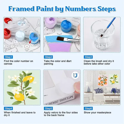 Vista 6 de cupmod Paquete de 2 pinturas enmarcadas por números para niños, kit de pintura acrílica fácil por números sobre lienzo, pintura al óleo de frutas