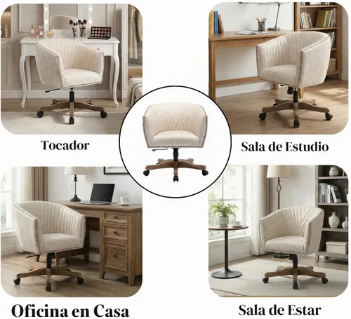Vista 7 de Silla de escritorio de piel sintética beige, silla de escritorio tapizada giratoria con brazo ajustable con cabezas de clavos, cómoda silla