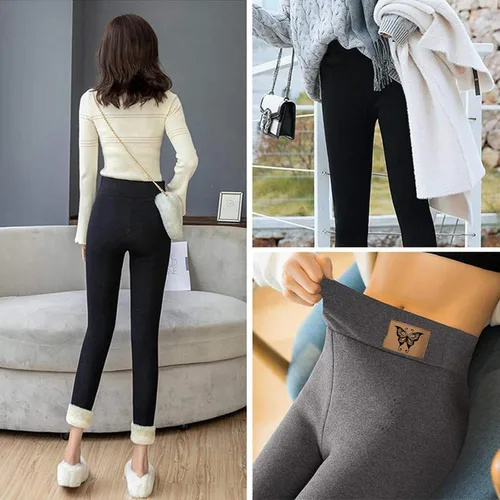 Vista 2 de Leggings de invierno con forro polar para mujer, leggings térmicos de cachemira, cálidos y gruesos, con bolsillos de felpa de cintura alta