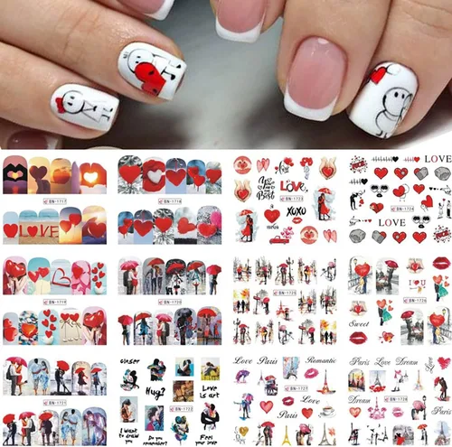 Vista 7 de TBRZTR 12 hojas de calcomanías de uñas para el día de San Valentín, diseño de torre de amor, diseño de paraguas, calcomanías de transferencia