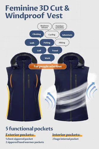 Vista 5 de CREATMO US Chaleco ligero de Softshell para mujer, chaqueta sin mangas cortavientos con capucha extraíble