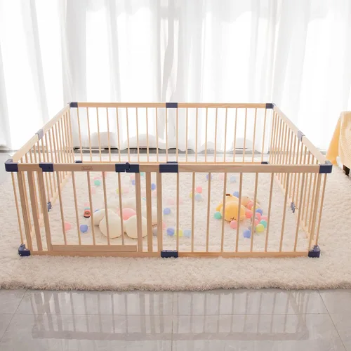 Vista 4 de Corralito de madera para bebés, parque infantil de madera maciza de 59 x 71 pulgadas, área de juego con valla para bebés con puerta de seguridad