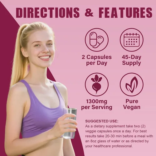 Vista 5 de Cápsulas de raíz de remolacha Cápsulas de polvo de remolacha pura de 1300 mg - Apoya la presión arterial, energía natural y resistencia - 90