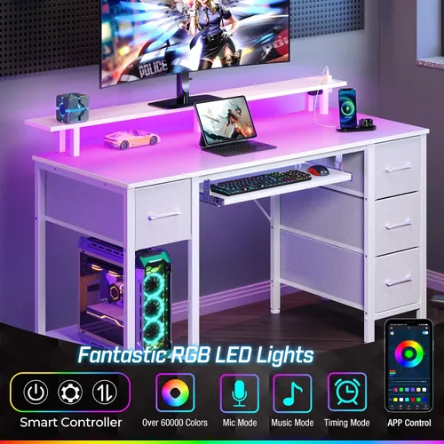 Vista 4 de Seventable - Escritorio blanco para computadora con cajones, escritorio de juegos con bandeja para teclado, escritorio de oficina con luces LED
