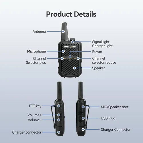 Vista 4 de Retevis Walkie Talkies RT15 de largo alcance, mini walkie talkie de carga rápida, USB de carga rápida, radios recargables de 2 vías para adultos
