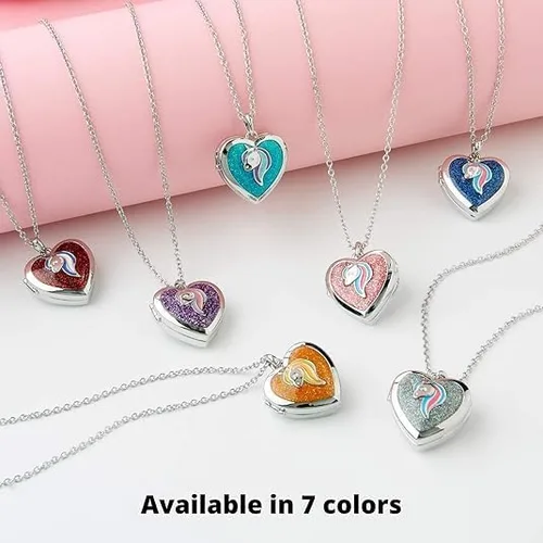 Vista 5 de Collar con medallón de corazón de unicornio Colgante de animal con purpurina brillante Almacenamiento interior secreto Cadena de tono plateado