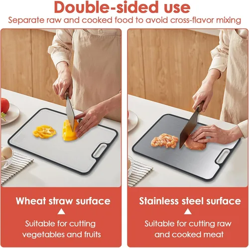 Vista 4 de 2 tablas de cortar de doble cara resistentes de acero inoxidable y polipropileno para cocina con área de molienda, tabla de cortar carne, apta