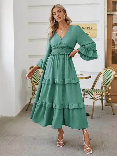 Vista 3 de Amegoya Vestido largo de manga larga con cuello en V bohemio para mujer, de verano, para invitadas de boda, de estilo fluido, para compromisos