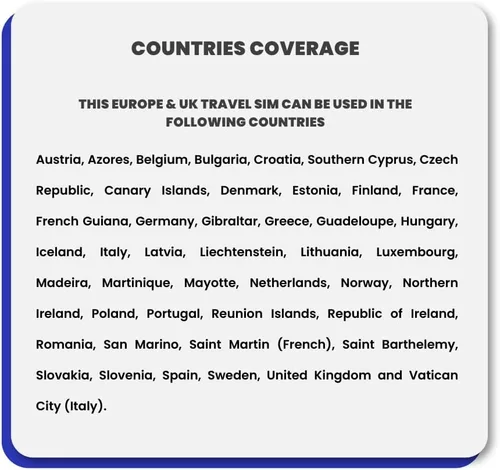 Vista 4 de SimCorner Tarjeta SIM de viaje para Europa y Reino Unido Datos de Internet Llamadas ilimitadas y SMS (datos de Internet de 12 GB)